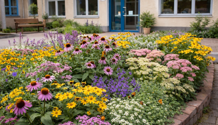 insektenfreundliche Beet-Bepflanzung im Außenbereich vor der Einrichtung 